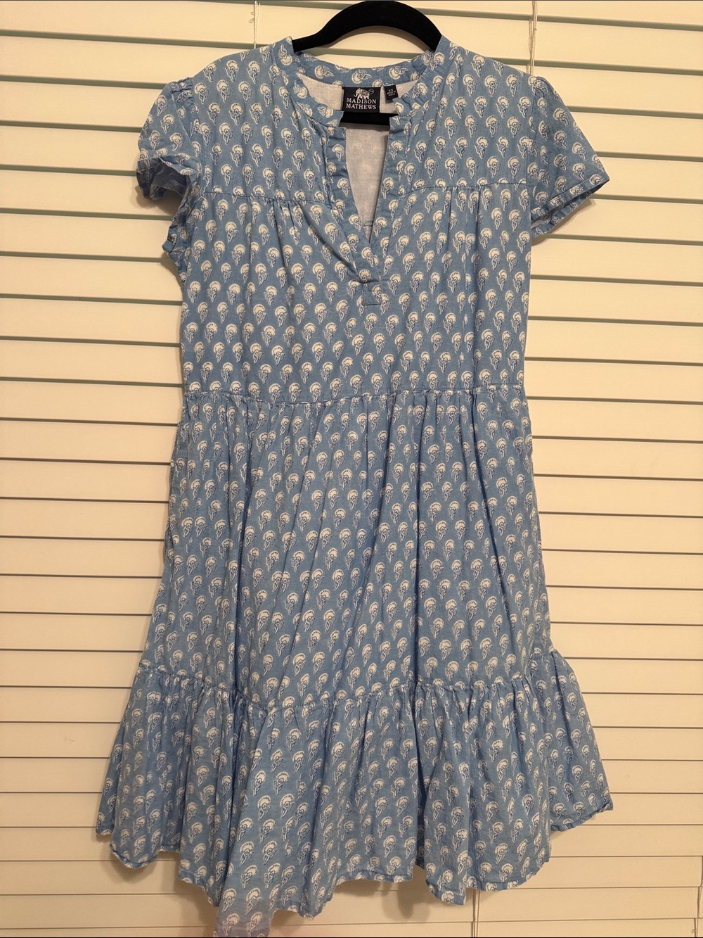 Madison Mathews Blue Flower Block Print Folly Mini Dress